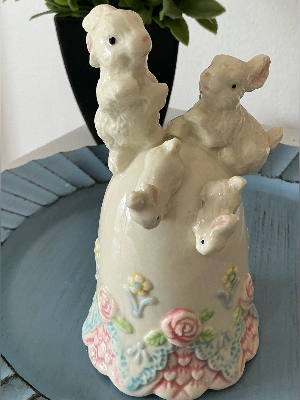 Vintage Cracker Barrel Bunny Family Flower Porcelain Bell.